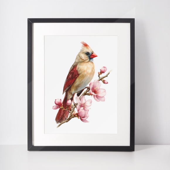 Watercolor Female Cardinal Bird with Flowers Wall Art Print Unframed - Picture 3 of 7